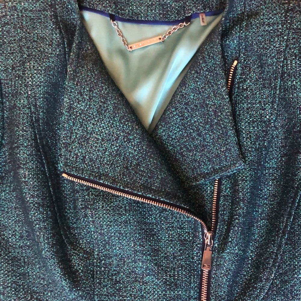 Elie Tahari teal tweed moto jacket blazer XS - Picture 3 of 4